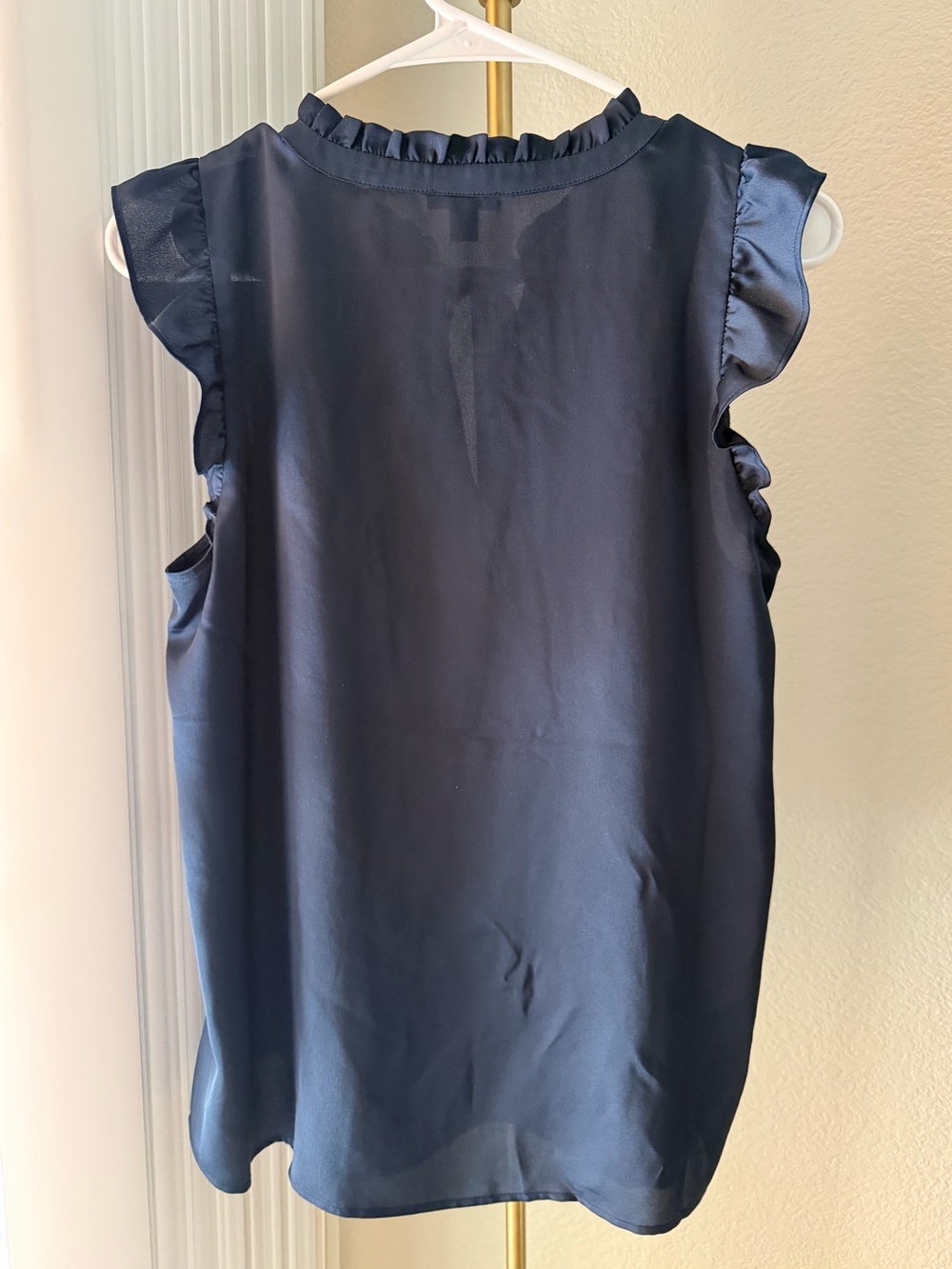 Ann Taylor Navy Ruffle Tie-Neck Sleeveless Blouse, Size Medium - Picture 2 of 4